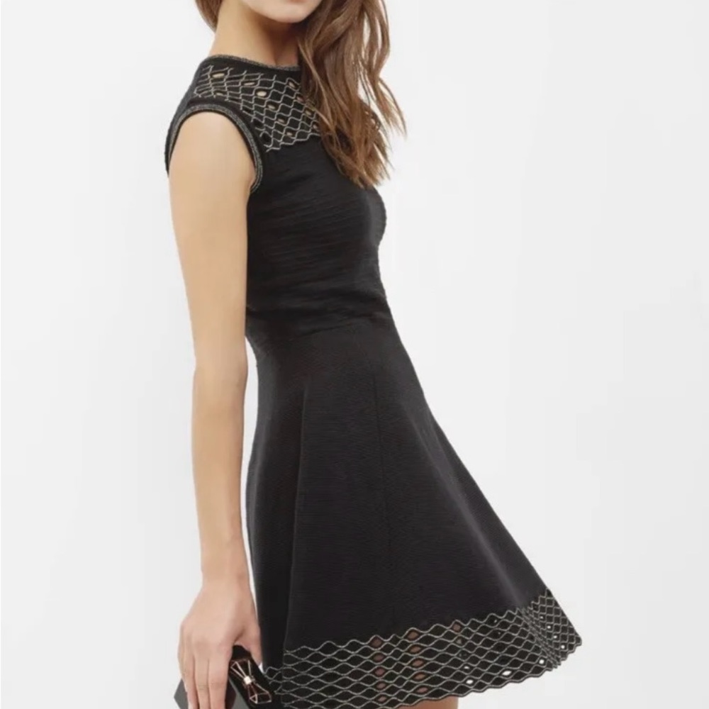 TED BAKER Dessai black and gold knit mini skater dress, size 0